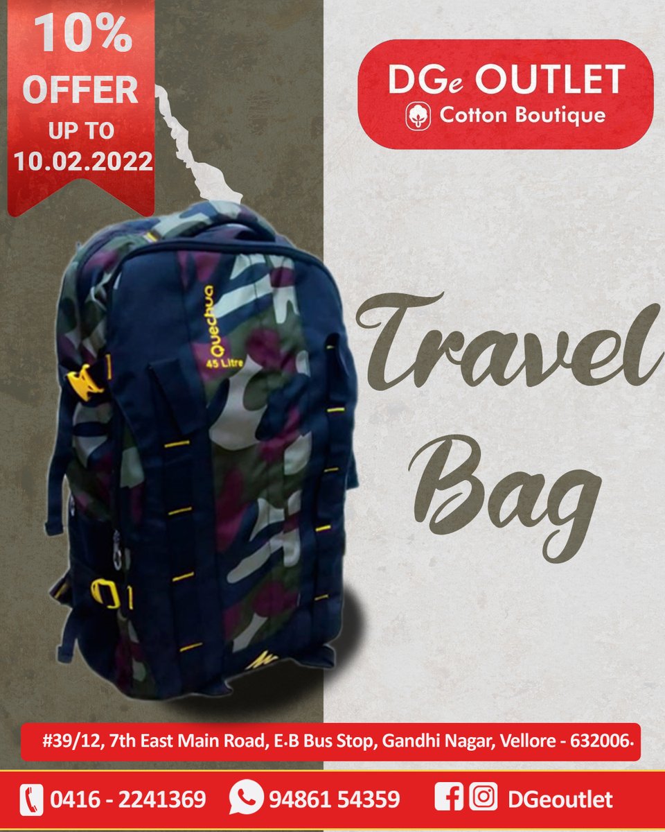 DgeOutlet's tweet photo. Travel Bags on offer - Till 10. 02. 2022

Enjoy the Offer ...

Enjoy your Travel ...

DGe Outlet.... Cotton Boutique ...
Call : 04162241369
9486154359

#travel #travelbag #february #februaryoffers #travellingbag #bagfortravelling https://t.co/QIqCEKep57