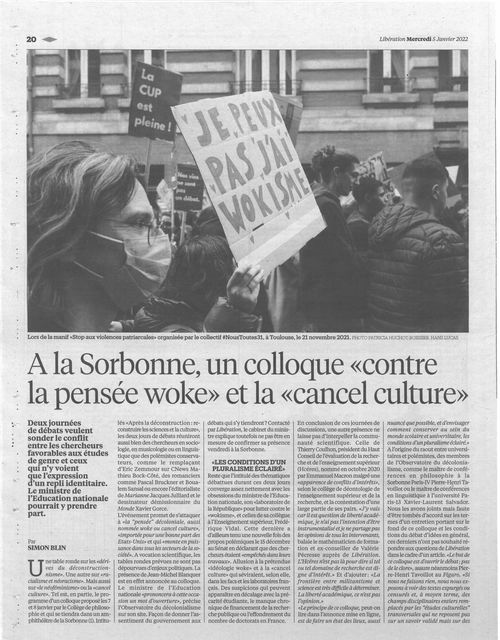 [PUBLI] Print @Libe 5 Janvier 2022 A La Sorbonne, un colloque « contre la pensée woke » et la « cancel culture » #HansLucas #Photographie #presse #Woke #CancelCulture #Wokisme 📸 © Patricia huchot-boissier / @StudioHansLucas / @phbcreation