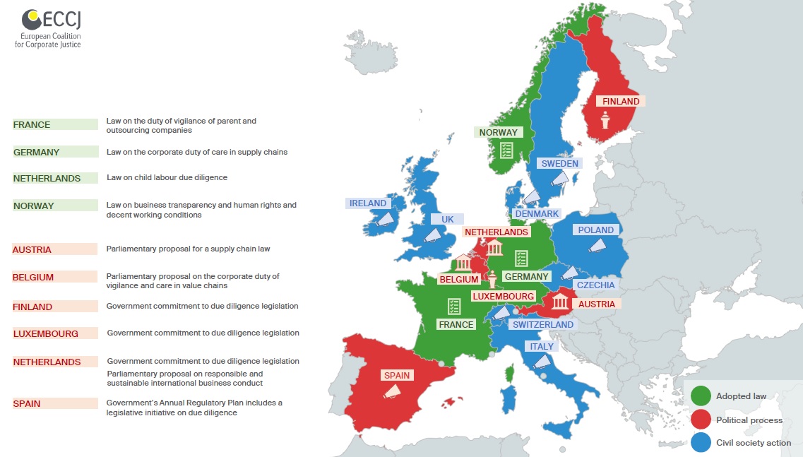 Our map of corporate due diligence developments in Europe shows that 🇪🇸 has turned red!

Categories:
🟢adopted law
🔴political process
🔵civil society action

To see the status, nature, scope and content of laws/proposals, check out our table 👇
bit.ly/MappingHREDD