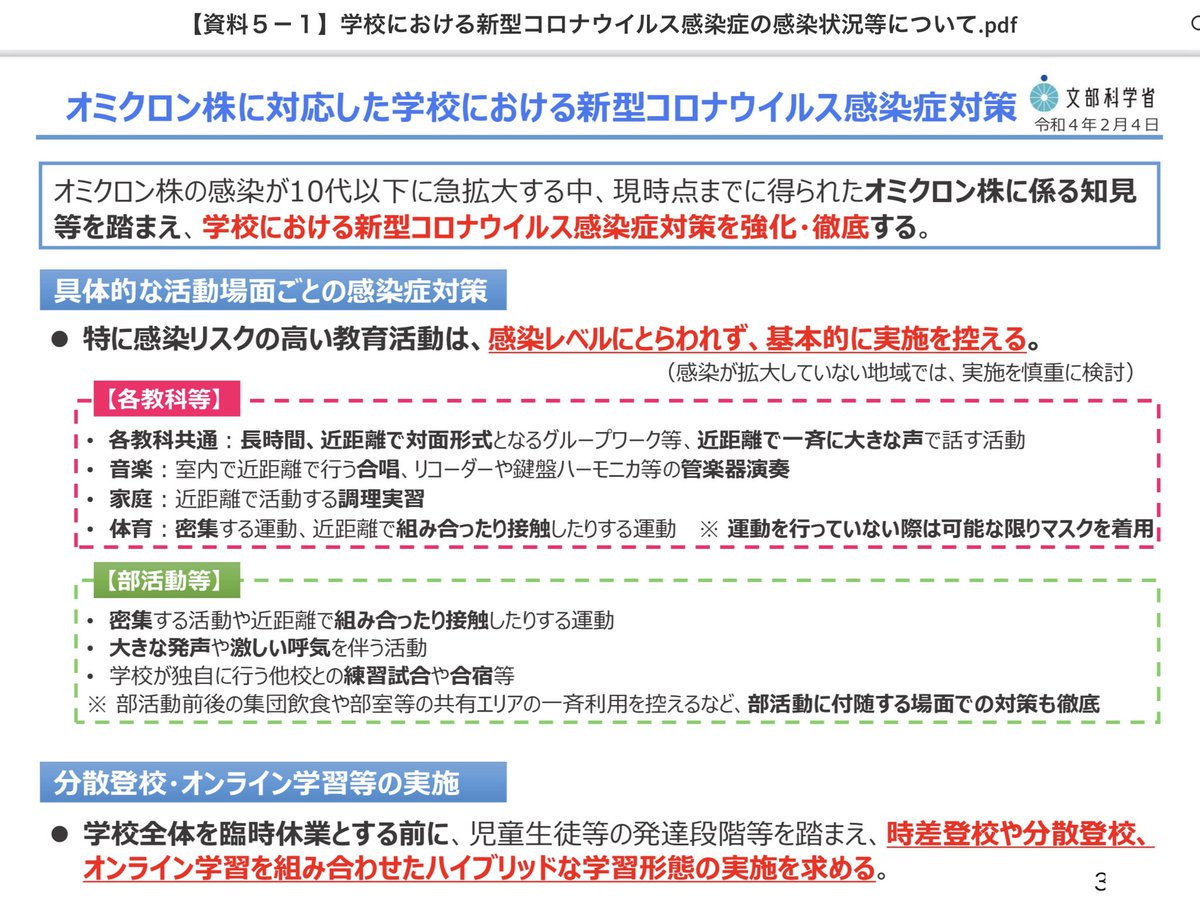 makomelo's tweet photo. 4)文科省の資料

学級閉鎖の考え方が示された

①同一の学級において複数の児童生徒等の感染が判明した場合
②感染が確認された者が1名であっても、周囲に未診断の風邪等の症状を有する者が複数いる場合
③1名の感染者が判明し、複数の濃厚接触者が存在する場合
④必要と判断した場合 https://t.co/F31dmIHzzL