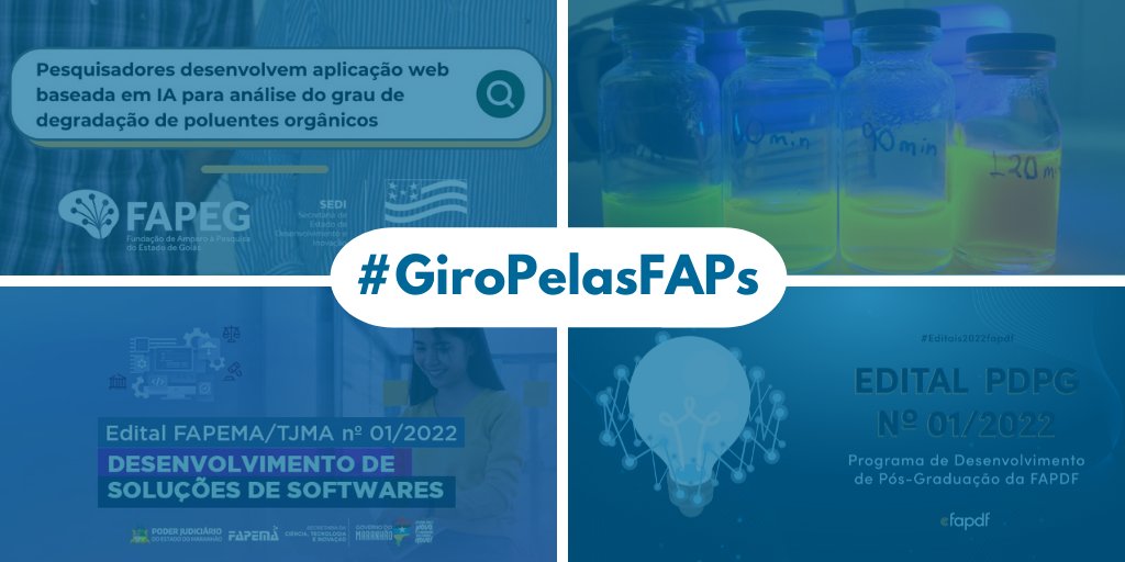 confapbr's tweet photo. 📢 #GiroPelasFAPs
Giro de notícias das Fundações Estaduais de Amparo à Pesquisa (FAPs) pelo Brasil: https://t.co/a5gwwaDoEB
@fapegoias, @fapeam, #Fapdf, @fapema_maranhao
#Ciência #Tecnologia #Inovação https://t.co/7wqgf5qDDD