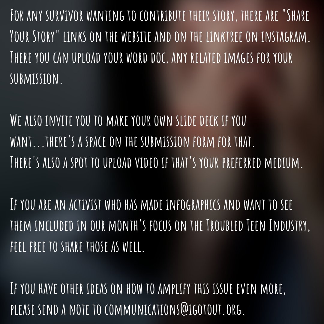 igotout_org's tweet image. Coming in March - a #igotout focus on the Troubled Teen Industry. Survivors, Staff, Parents, please consider sharing your story! Have a look at the slides for more details and share!
@JENvTTI
@jenjaybee
@IcapaNetwork
@ParisHilton