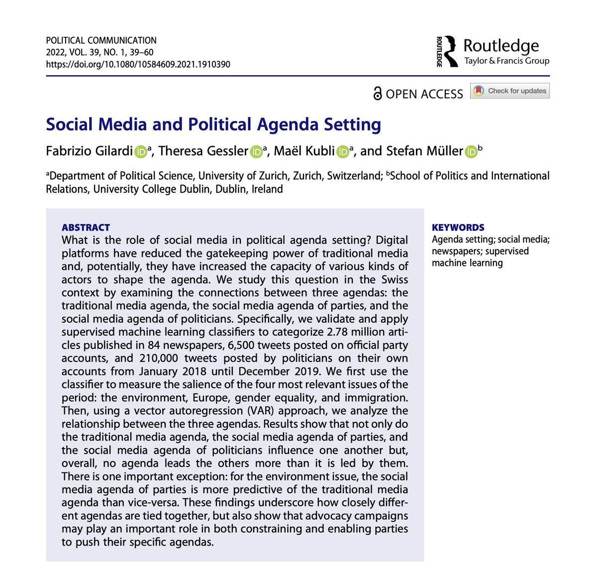 Social Media and Political Agenda Setting Now out in @polcommjournal with ✨page numbers✨ With @th_ges @MaelKubli @ste_mueller #OpenAccess tandfonline.com/doi/full/10.10…