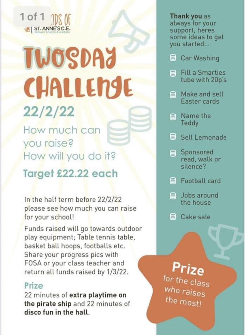 The @FOStAnnes TWOSDAY challenge! Can’t wait to see how creative everyone can get to raise £22.22 over half term! @StAnnesCofE