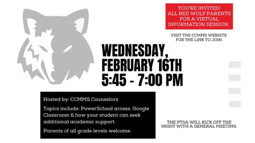 Centennial Magnet Middle PTSA General Meeting: Weds 2/16, 5:45pm - quick announcements before the Virtual Info Session! <a href="/CCMMSRedwolves/">Centennial Campus Center for Innovation Magnet MS</a>