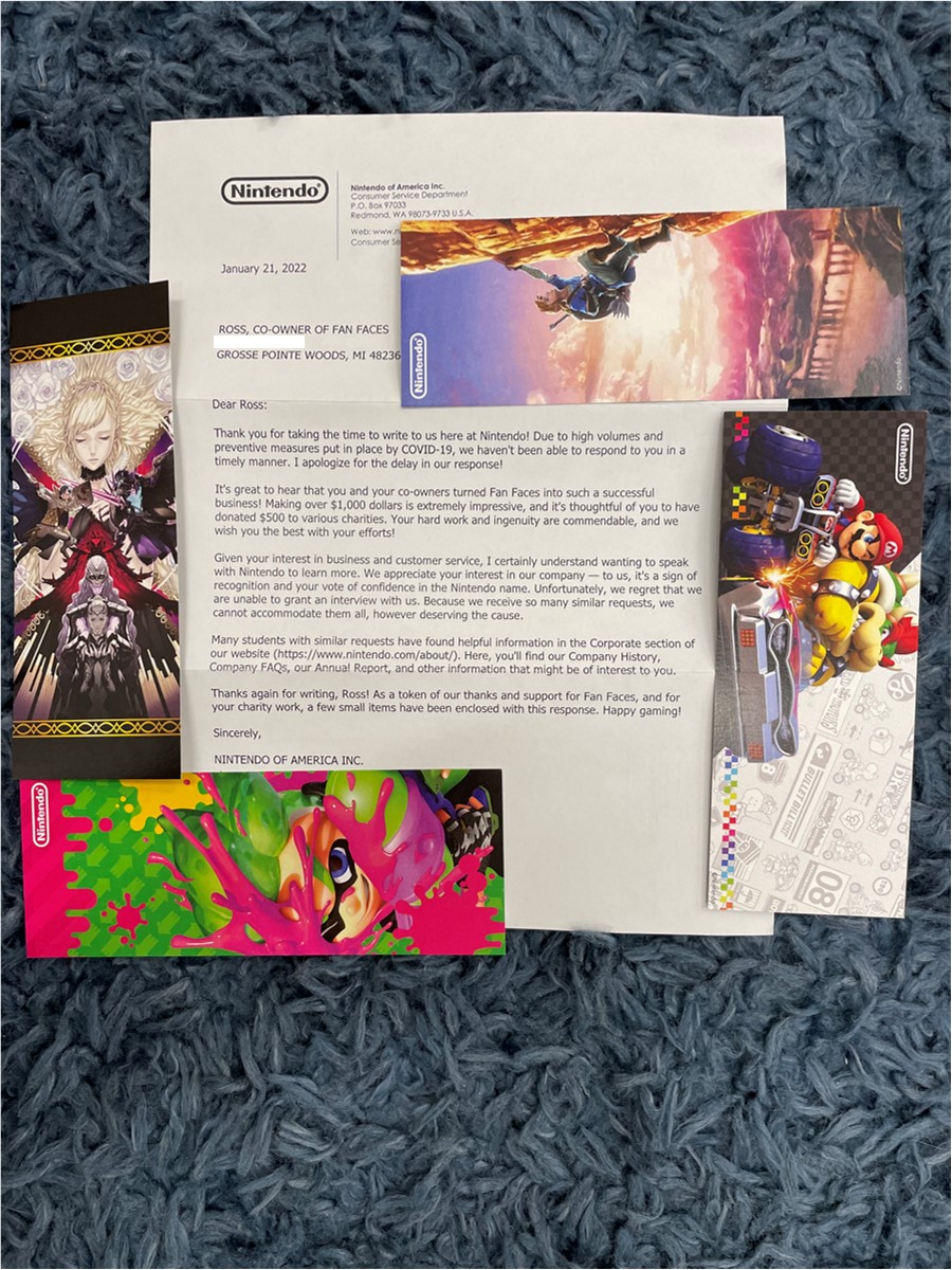 Hey @NintendoAmerica thanks for making this student's week! 😊Your thoughtful letter really made Ross feel like an important business co-owner! He loves the bookmarks too!😉If you want to order a Fan Face of one of your characters: fanfaces.org @gpmonteith #edcorps