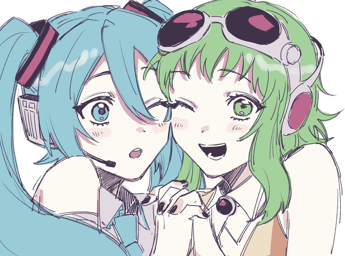 gumi ,hatsune miku multiple girls 2girls heads together green hair one eye closed goggles twintails  illustration images