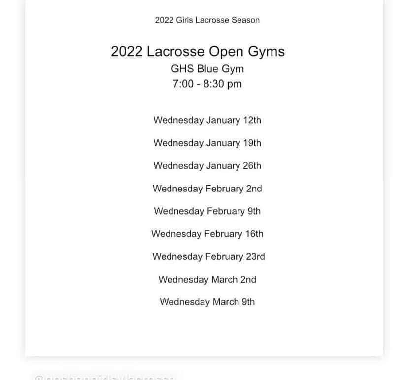 A few more weeks of open gym on Wednesday nights for Lady Gladiators lacrosse. Schedule posted below.🥍🥍🥍