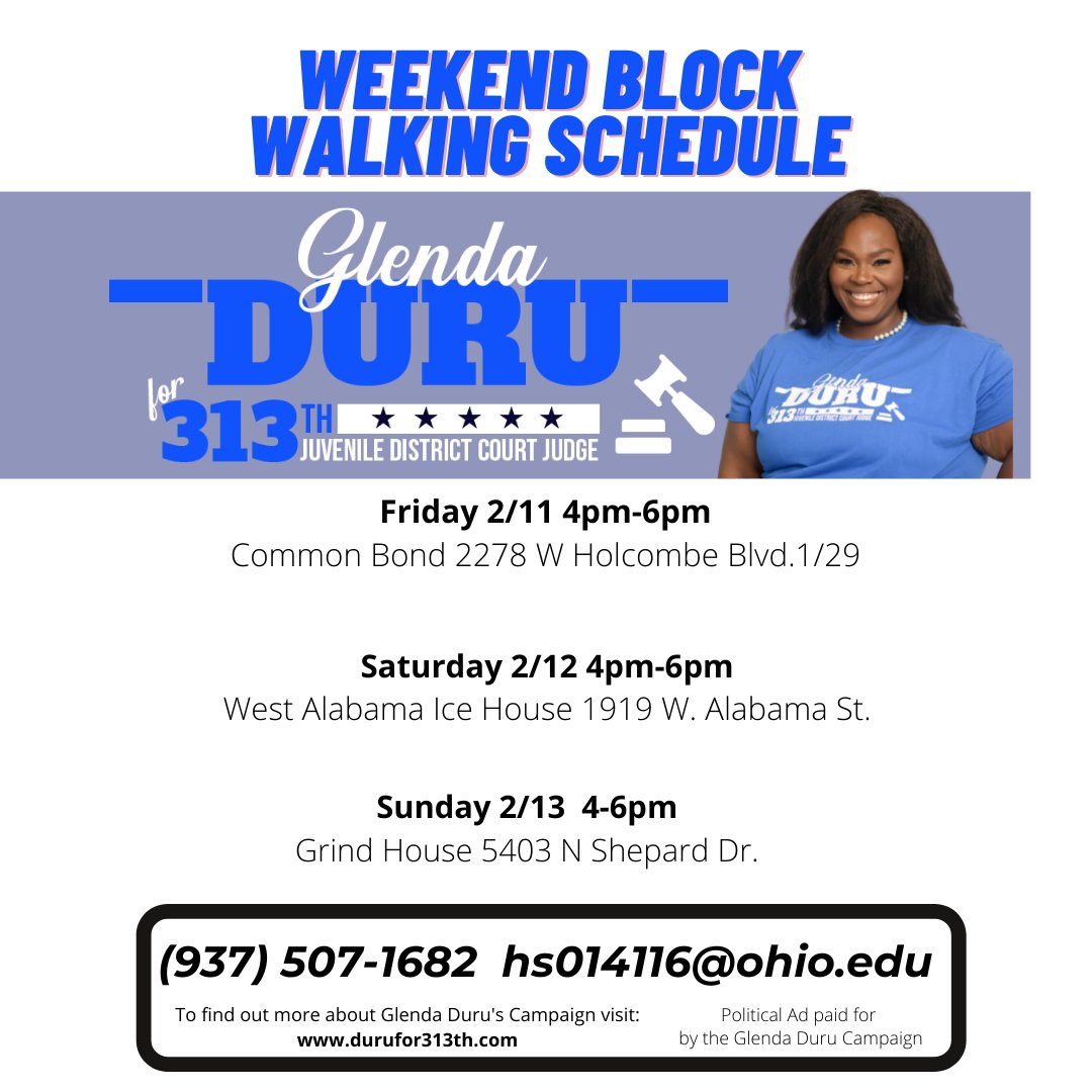The weekend is almost here. Join our team as we block different areas around Harris County.

Support the Glenda Duru Campaign by making a donation today.
ow.ly/exy550HQrvL