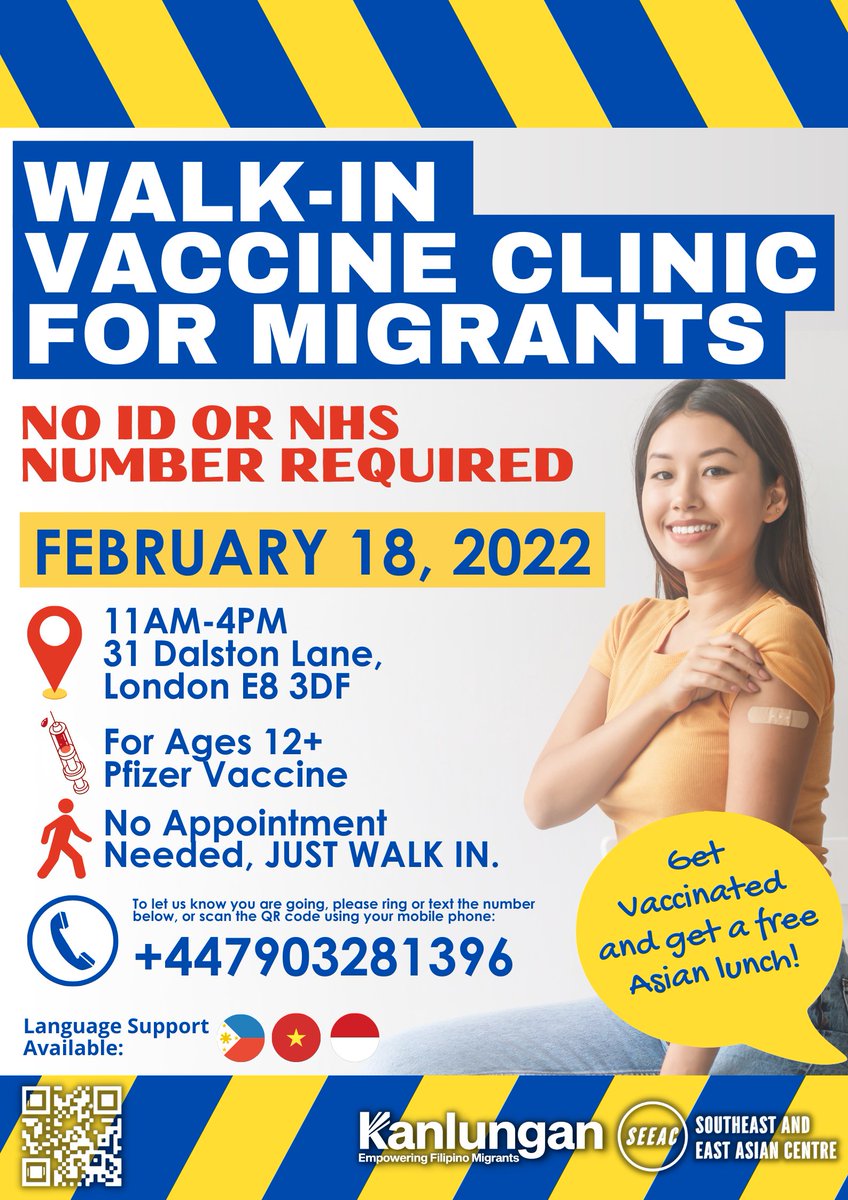 Our next walk-in COVID-19 vaccine clinic with is coming up! 📅 Friday 18 February 2022, 11 am - 4pm 📍31 Dalston Lane E8 3DF ✅ NO ID NEEDED ✅ NO NHS NUMBER NEEDED ✅ NO APPOINTMENT NEEDED Tagalog, Vietnamese, and Bahasa Indonesian speaking staff will be present at the clinic