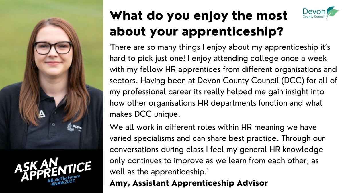 Assistant Apprenticeship Advisor, Amy, told us what she enjoys most about her apprenticeship!

#NAW22 #NAW2022 #BuildTheFuture #AskAnApprentice #Devon #WeAreDevon