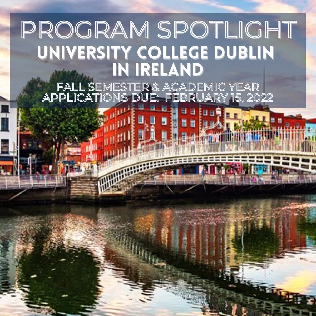 Fall semester and academic year program application deadlines are quickly approaching! here's the University College Dublin in Ireland's exchange program. Applications are due on February 15, 2022! To learn more about the program and to apply, visit app.studyabroad.illinois.edu/index.cfm?Fuse…