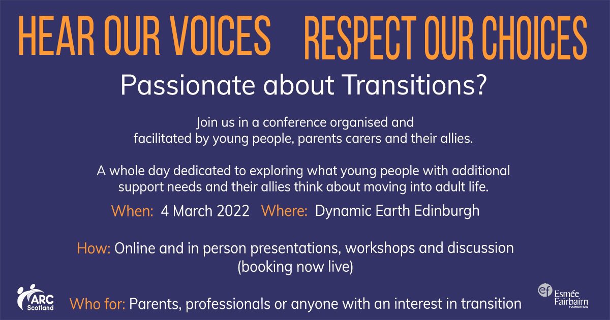 ARCScot's tweet photo. Our Divergent Influencers &amp; Parent &amp; Carer Network break new ground with a ‘blended’ conference on helping young people with a disability have a positive experience of move from school to adult life.
🗓 Fri 4 Mar, 10.30am-5pm
📍 @ourdynamicearth &amp; 💻📲
🔗 https://t.co/XoCl8IVARu https://t.co/5s6TIGYIEE