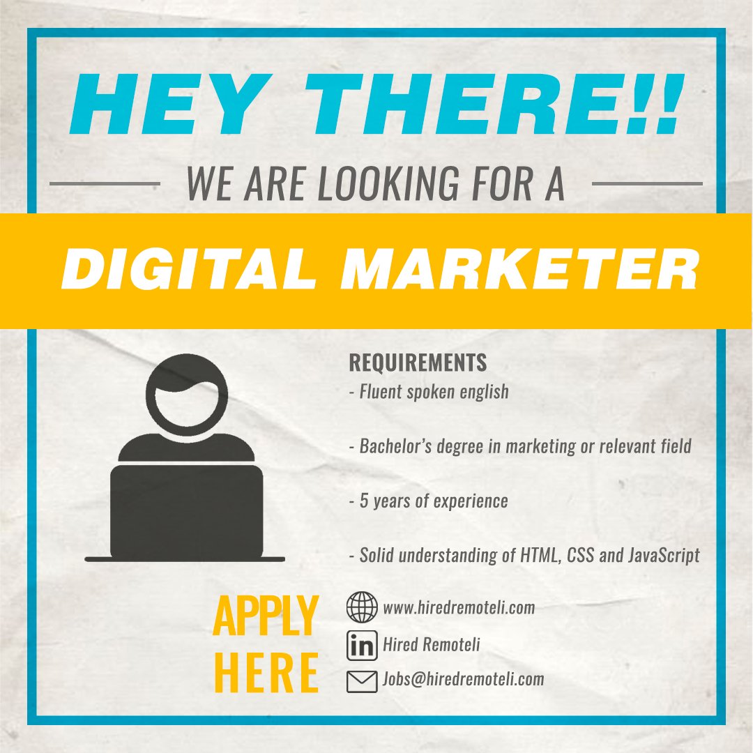 HiredRemoteli's tweet photo. VACANCY OPEN!
Digital Marketers apply now!

👇👇👇🔽🔽🔽
https://t.co/Gh99zSJq98
🔼🔼🔼👆👆👆

#ForgetTheOffice #RemoteJobs #RemoteWork #WorkFromHome #Hiring https://t.co/iQE4yjxK6p
