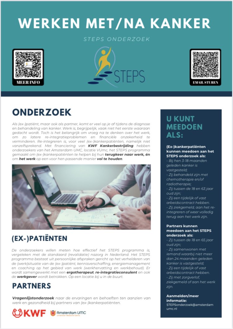 Wij zijn op zoek naar (ex-)kankerpatiënten en partners van (ex-)kankerpatiënten voor een interessant onderzoek over kanker en werk. Lees hier meer👇🏼 en neem bij interesse gerust contact op