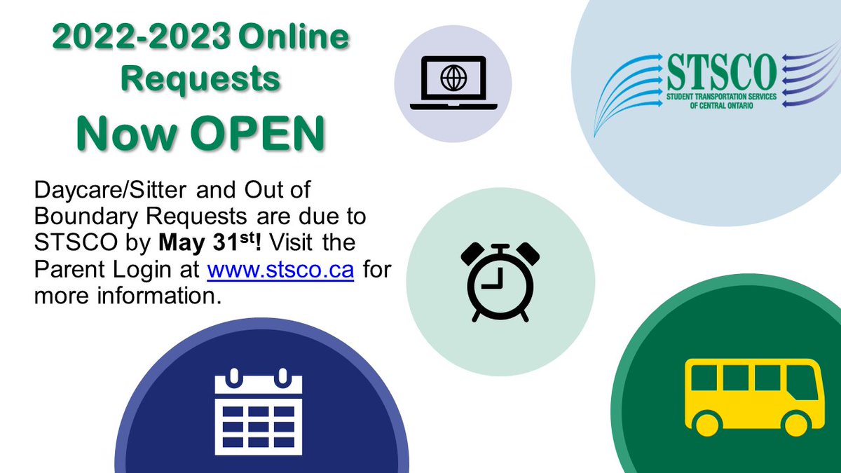 stsco_ca's tweet photo. Please visit STSCO's Parent Login and sign in to submit a 2022-2023 request. Please note that the deadline to submit requests is May 31st, 2022. Requests received after this date cannot be guaranteed for the first day of school. https://t.co/tccVhx2nwr