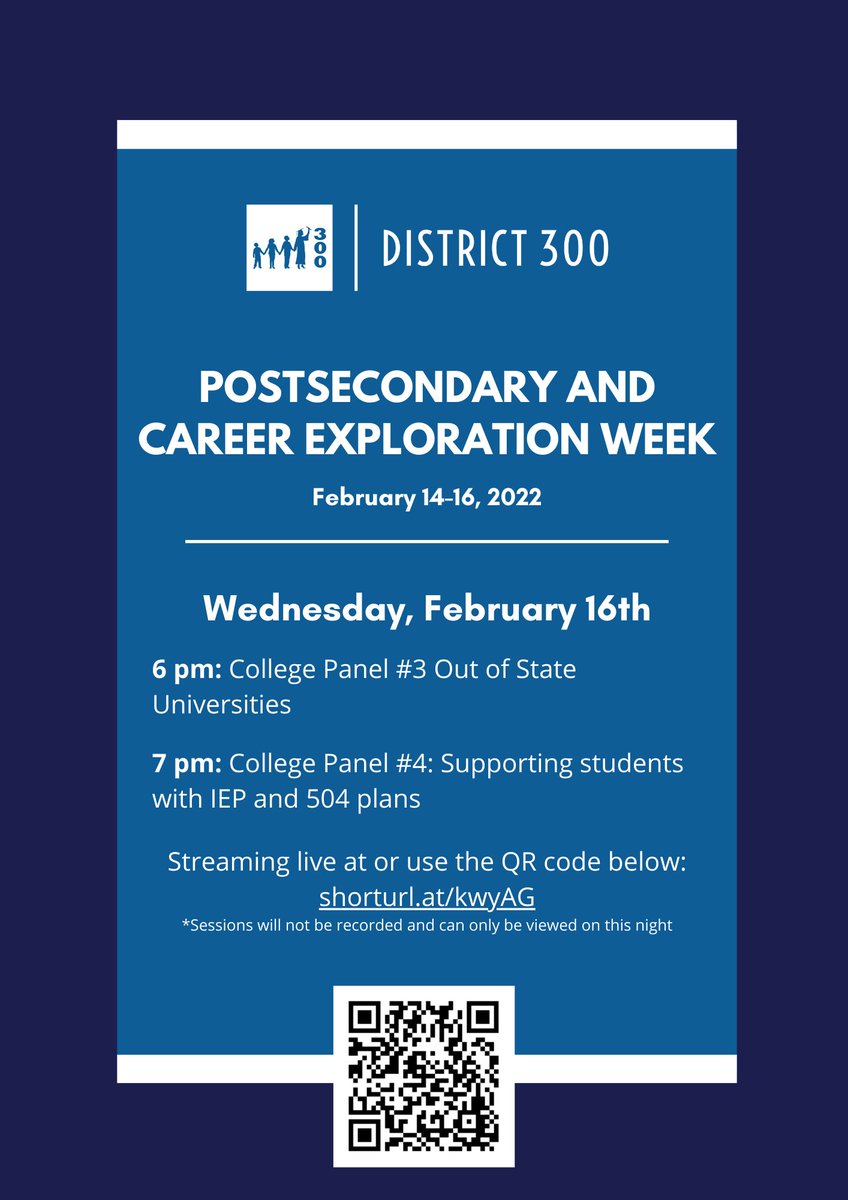 Are you a D300 student thinking about life after high school? If so, check out our College and Career Exploration Week's webinars that begin next Monday, February 14th through Wednesday, February 16th streamed live on our YouTube Channel. Q &amp; A will be available.