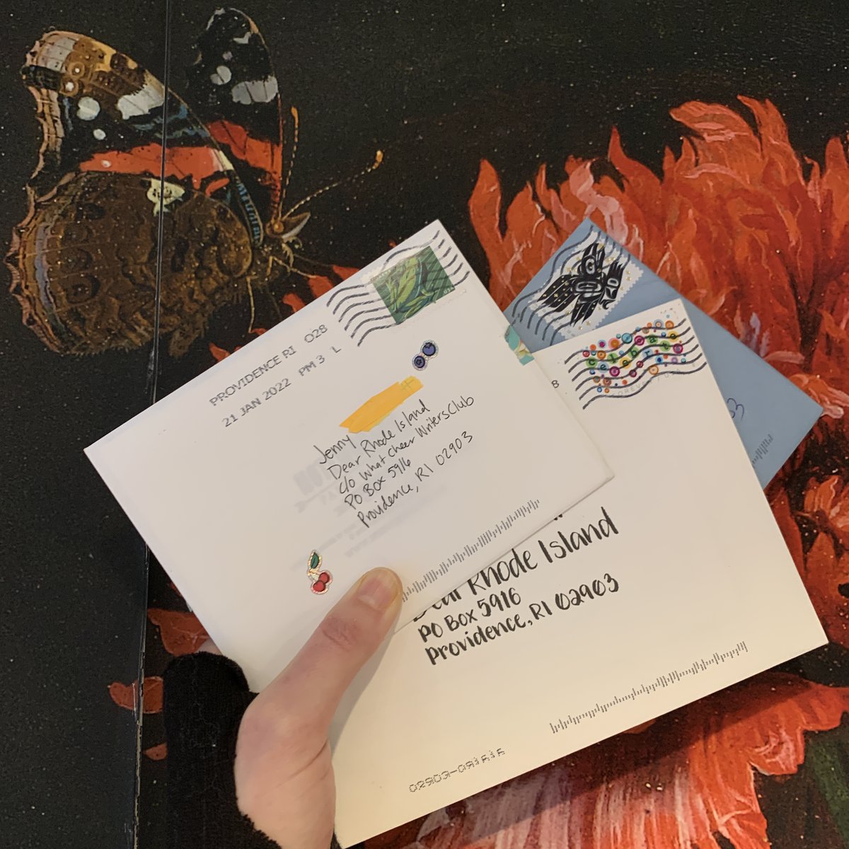 litartsri's tweet photo. We love the stamps &amp; stickers coming in on @DearRhodeIsland mail! Grateful to everyone participating in this last round of the penpal exchange. Remember to mail your letters by Feb 15! Read our goodbye letter at the close of this program here: https://t.co/oameZO034b https://t.co/m0GW1w3QyP