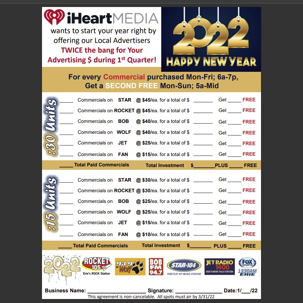ihmBryanC's tweet photo. BOGO Commercial Sale across all 7 iHeart #Erie stations! This offer lasts through 3/31. Lets get your business' name out there locally or nationally. #eriepa #local #radio #iHeartRadio #media #ads #Cleveland #Buffalo #marketing #shoplocal @Rocket_Erie @Star104Erie @947BOBFM #NJ https://t.co/YA9IdtvCJH