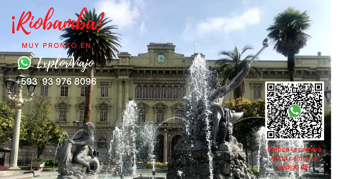 #Riobamba con todos los establecimientos turísticos, proximamente estará en ExploriViajo, el #EcosistemaParaReactivarElTurismo en Ecuador. Gracias a la Dirección de Turismo <a href="/Riobamba/">Riobamba Turismo</a> del <a href="/MuniRiobamba/">Municipio Riobamba</a> Ingresa al WhatsApp 093 976 8096 y verifica que te encuentrés ahi o comunícate.