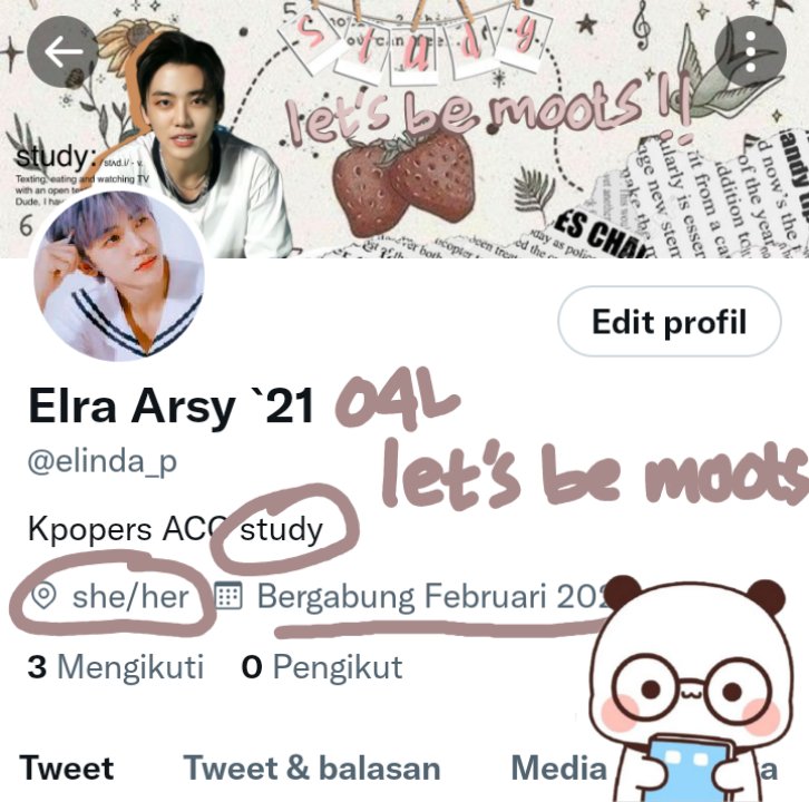 elinda_p's tweet image. HELLOO! not new in #studytwt but, aku nyari moots yg bisa nemenin aku ngambis disini sekalian crri temen kpopers ,nctzen sabi

— about me
` she/her
` call me Elra
` 04L
` fangirl

help rt/like! TYSM 
[ #AMBISVERSE #studyacc ]