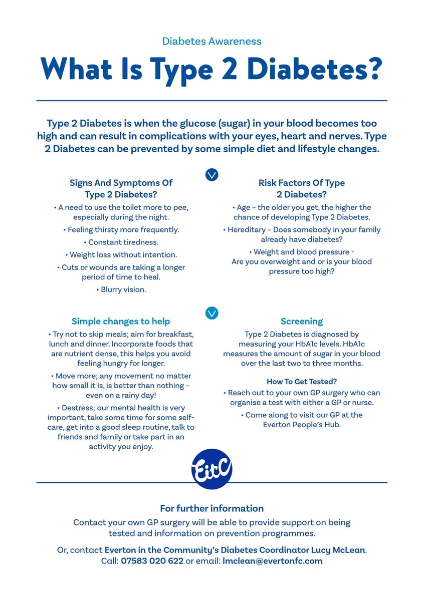 Check out the leaflet below for some common signs and symptoms of Diabetes. #SugarFreeToffees

For more information, contact our Diabetes Prevention Coordinator at lmclean@evertonfc.com.