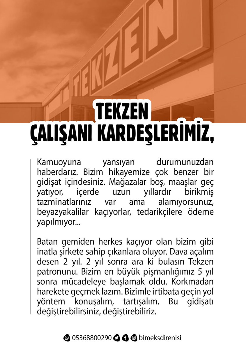 bimeksdirenisi's tweet photo. Tekzen çalışanı kardeşlerimize çağrımızdır.

Kamuoyuna yansıyan durumunuzdan haberdarız. Bizim hikayemize çok benzer bir gidişat içindesiniz.

Bizimle irtibat kurun, çok geç olmadan haklarınızı almanın yollarını birlikte bulalım.

#Tekzen
#MaaslarNeredeTekzen https://t.co/RW78yjyvyX