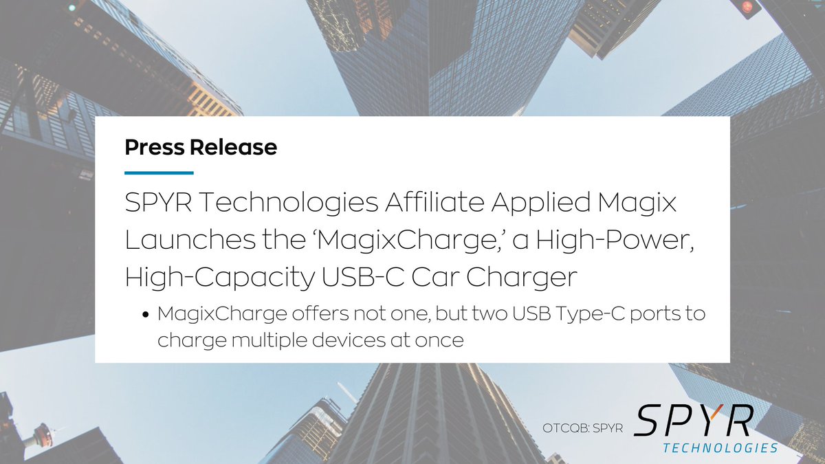 SPYRInc's tweet photo. SPYR Technologies Affiliate @AppliedMagix Launches the ‘MagixCharge,’ a High-Power, High-Capacity #USB-C Car #Charger

Read the full news release here: https://t.co/oUotHt2vxg $SPYR https://t.co/CxCIOAEiSJ