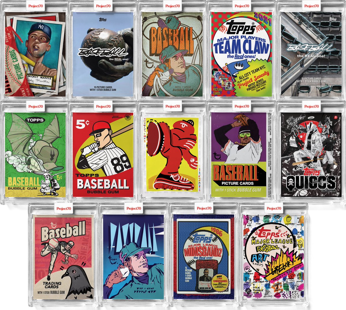 ngreenroom's tweet photo. With the @Topps #Project70 set wrapping up today, I thought I would wrap up a few items like my love for these wrapper cards. I took artistic license and added the @ChuckStyless Mantle to the mix because that cracked open wrapper brings us all joy. I did this complete set! https://t.co/cWanbBuL3Z