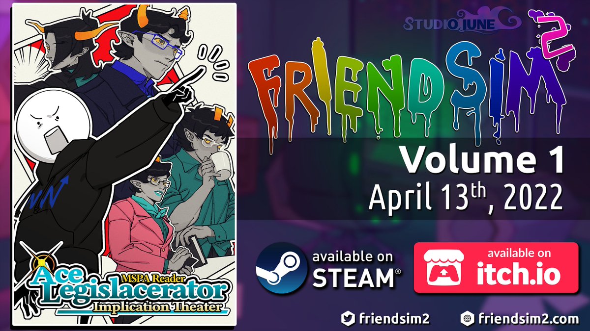 Friendsim2's tweet photo. April 13th, 2022 - Friendsim 2, Vol 1: Implication Theater!

Buckle in for thrills, chills, and legal procedural as MSPAR tries to solve a murder aboard a highblood's space yacht! #Homestuck #Friendsim #Hiveswap #Friendsim2 #visualnovel #FanstuckFriday

(art by @panda_hivestuck) https://t.co/3EVjv7c7NN