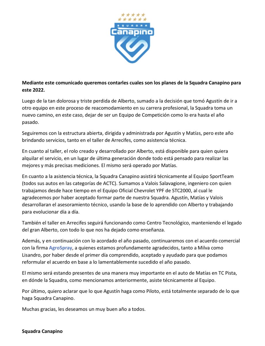 ✍️ • Comunicado sobre el 2022 de Squadra Canapino