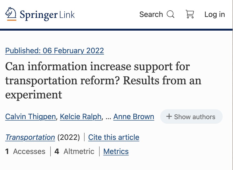 New research from <a href="/cgthigpen/">Calvin Thigpen</a>, <a href="/KMRalph/">Kelcie Ralph, PhD</a>, @n_j_klein, &amp; Anne Brown finds that educating the public about induced demand can shift policy preferences away from highway widening and towards improving transit. 

BUT that effect fades after six months.

link.springer.com/article/10.100…