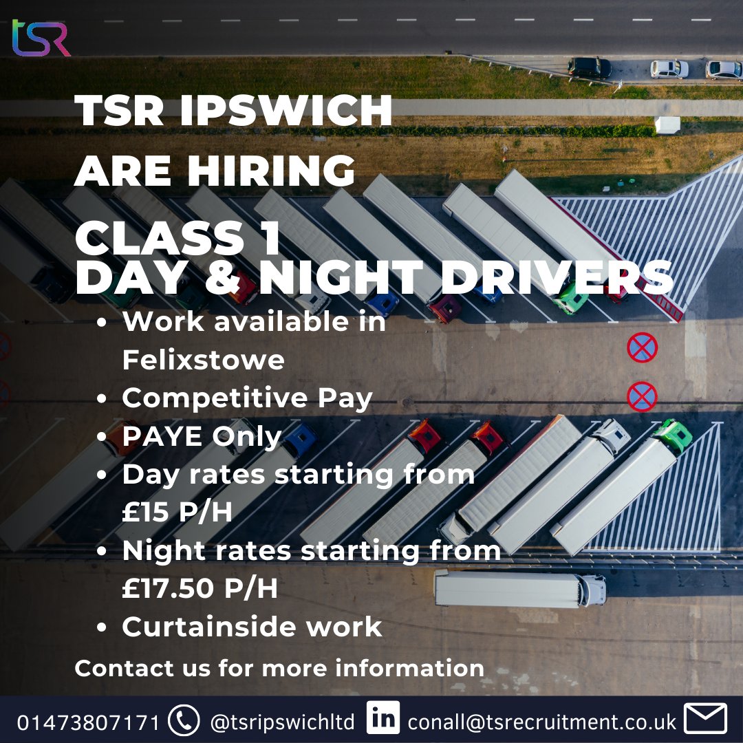 IpswichTsr's tweet photo. Are you looking for Class 1 work next week?

TSR Ipswich have great opportunities for you to work with our reputable client in Felixstowe 🌍

For more information please contact us on 01473807171 or email conall@tsrecruitment.co.uk📩

TSR Ipswich

#suffolkjobs #felixstowe #hgvjob https://t.co/ZlZv7uId3O