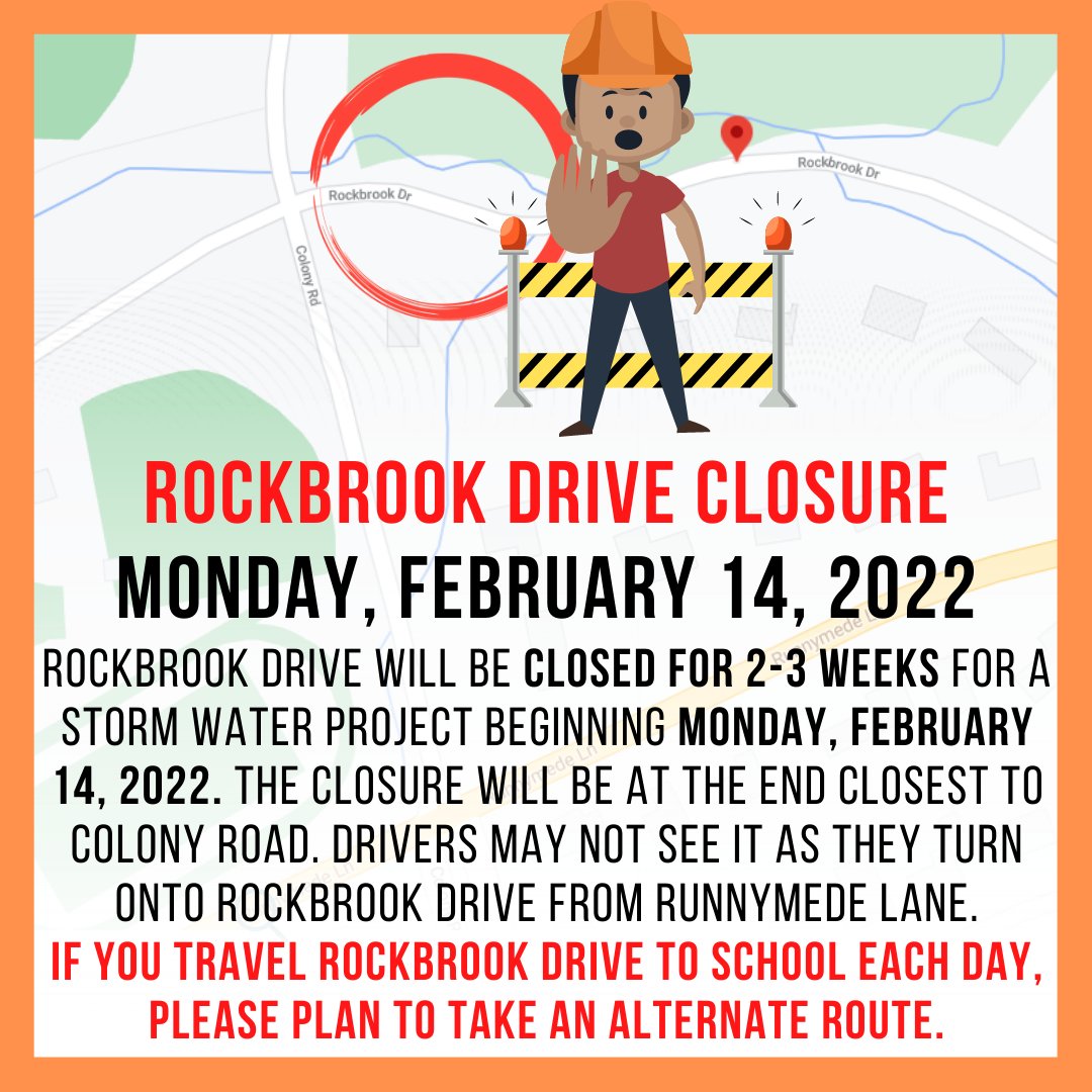 Rockbrook Dr. CLOSURE Mon, Feb 14, 2022
Rockbrook will be closed for 2-3 weeks for a storm water project. The closure will be closest to Colony Road. If you travel Rockbrook to school each day, please plan to take an alternate route. <a href="/MyersParkHS/">Myers Park High</a> <a href="/MyersParkIB/">Myers Park HS IB</a> <a href="/CharMeckSchools/">Charlotte-Mecklenburg Schools</a>
