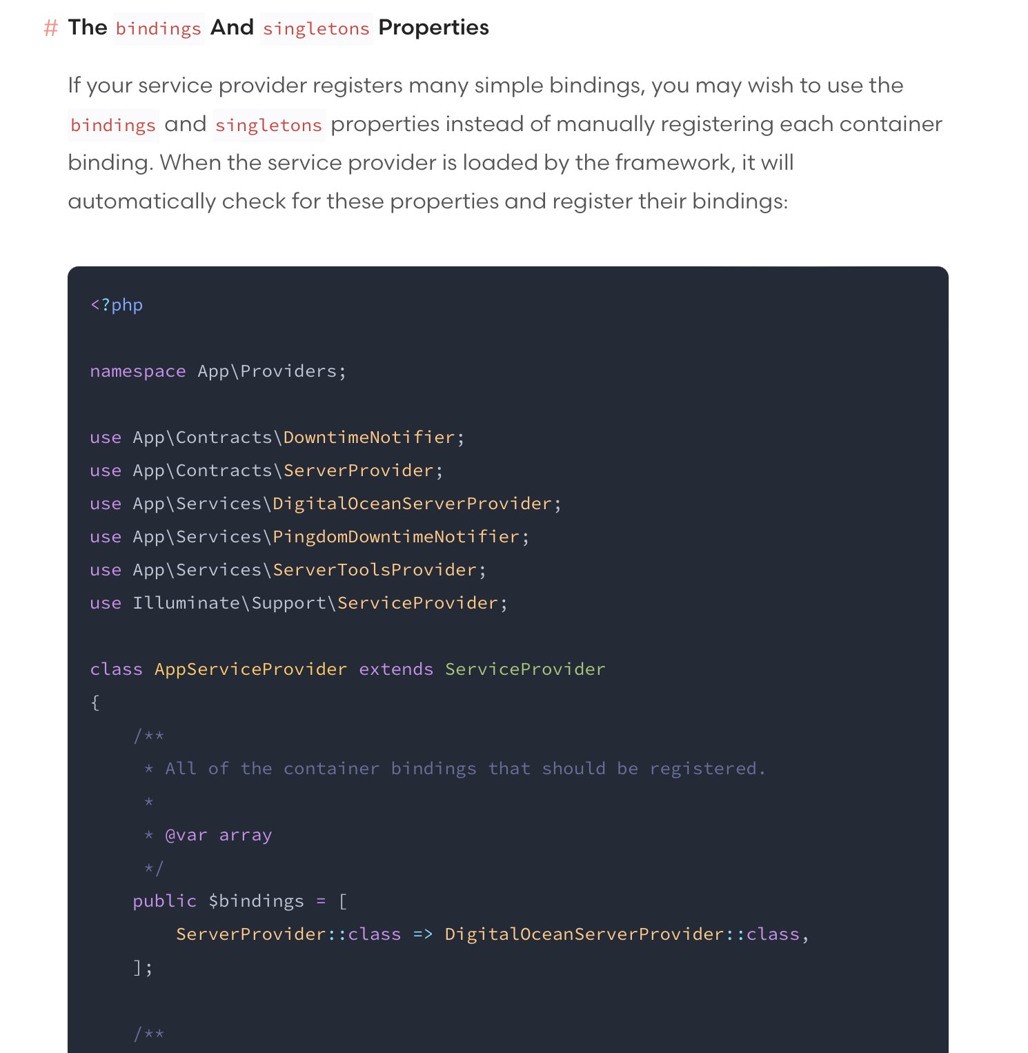 Specify container bindings using the $bindings array