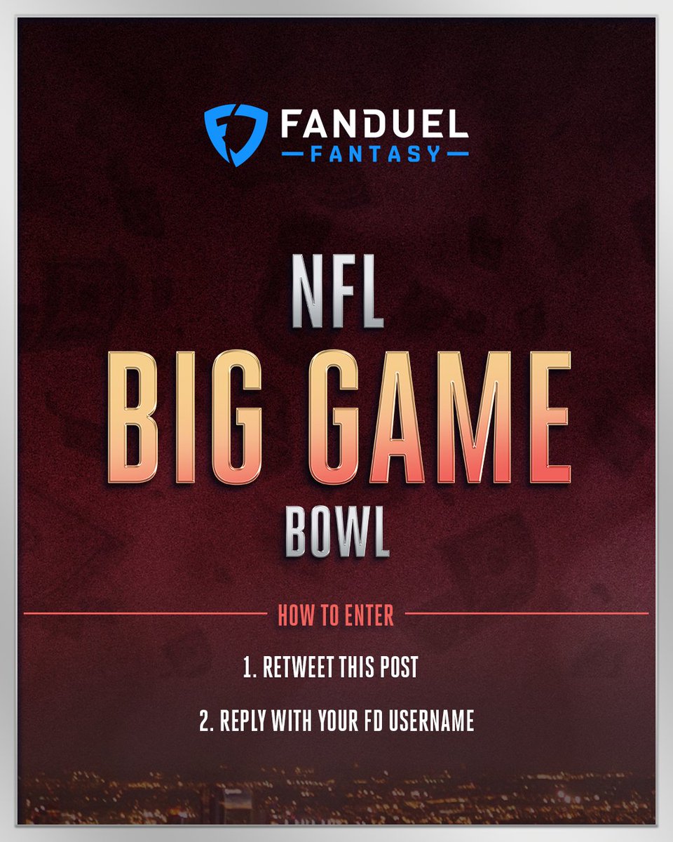 FanDuel's tweet image. We’re giving away 25 FREE entries into our $3.3M NFL Big Game Bowl contest on 2/13!

To enter:
1⃣ RT this post
2⃣ Reply with your @FanDuel username

Random winners will be entered before lock.
Rules: bit.ly/3GxVqBw
