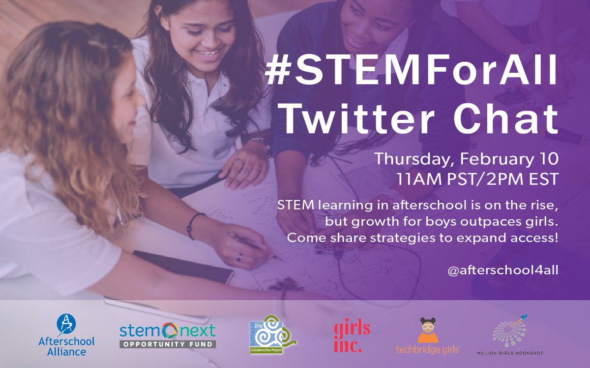 How can we engage more girls in #STEMLearning? Join the #STEMForAll chat with <a href="/girlsmoonshot/">Million Girls Moonshot</a>, <a href="/techbridgegirls/">Techbridge Girls</a>, <a href="/STEMNext/">STEM Next</a>, @Girls_Inc &amp; <a href="/ngcproject/">NGCProject</a> TOMORROW at 2PM ET to talk about opportunities to get more girls involved in #AfterschoolSTEM!