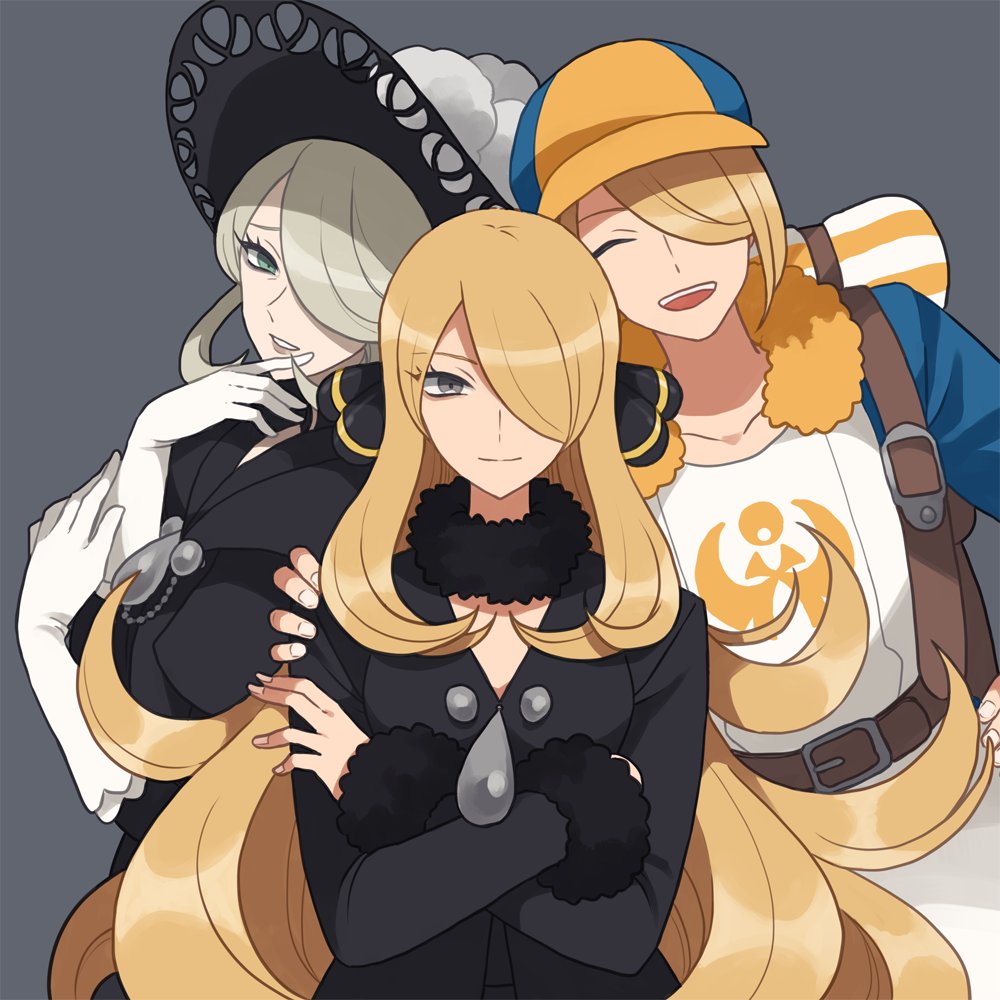 cynthia (pokemon) 1boy 2girls blonde hair hair over one eye multiple girls hat grey eyes  illustration images