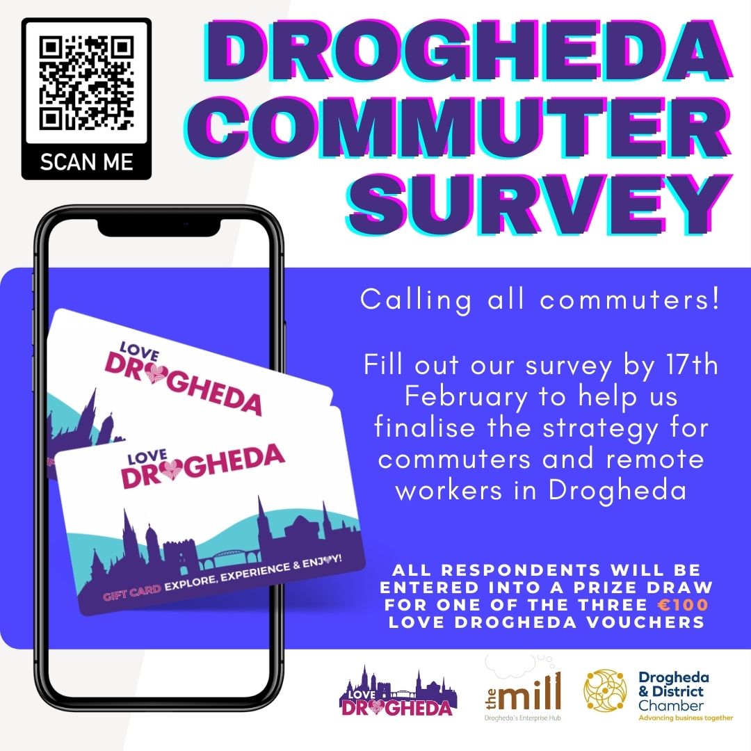 **Drogheda Commuter Survey 2022**
It takes about 5 minutes to complete the survey and by taking part you will be entered into a prize draw with a chance of winning one of three <a href="/LoveDrogheda/">Love Drogheda</a>  Gift Cards. Deadline for submissions is 17th Feb 22. 
Take part surveymonkey.com/r/JGXPP2W?fbcl…