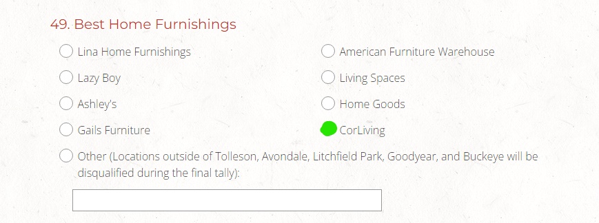 CorLivingPHX's tweet image. Remember to vote for CorLiving for "Best Home Furnishings" of the West Valley in the @WestValleyView! 

Section #49: VOTE🗳️VOTE🗳️VOTE🗳️
surveymonkey.com/r/BestoftheWes…