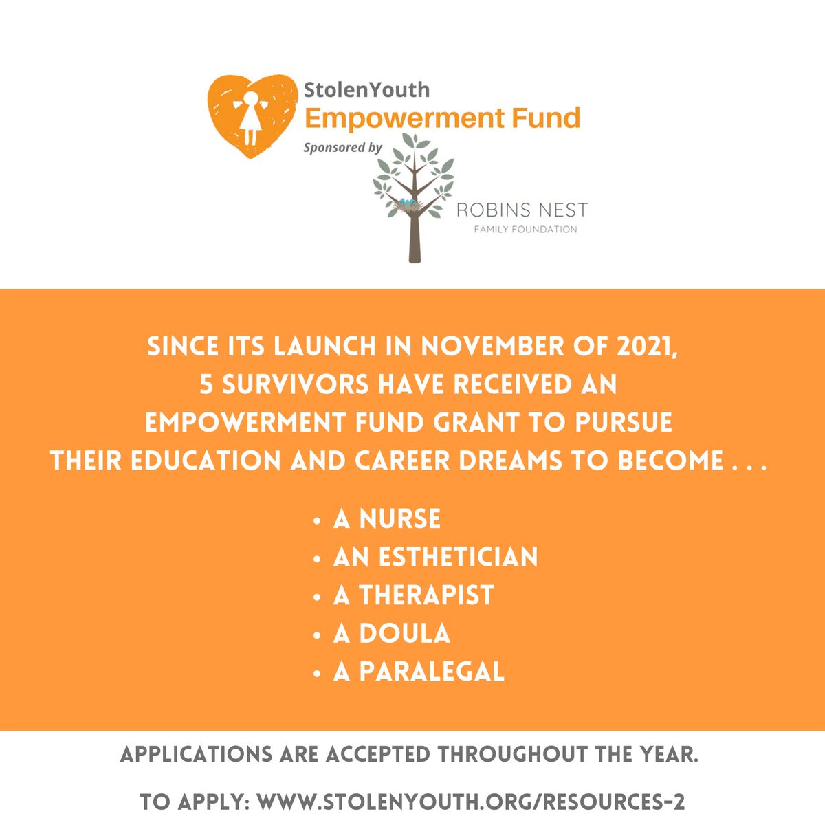 EverstrongOrg's tweet photo. StolenYouth and the Robins Nest Family Foundation are excited for the survivors who have received an Empowerment Fund grant to pursue their education and career dreams! 

Applications are accepted all year round. https://t.co/RmrSJ6oUba. https://t.co/fipYRij05B