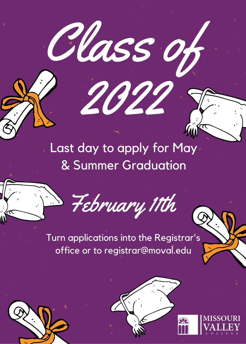 🚨Last call🚨 for May and Summer graduation applications! 🎓
𝐆𝐄𝐓 𝐓𝐇𝐄𝐌 𝐈𝐍 𝐛𝐲 𝐅𝐑𝐈𝐃𝐀𝐘, 𝐅𝐞𝐛𝐫𝐮𝐚𝐫𝐲 𝟏𝟏𝐭𝐡!
Bring them to the Registrar's Office or email them to registrar@moval.edu