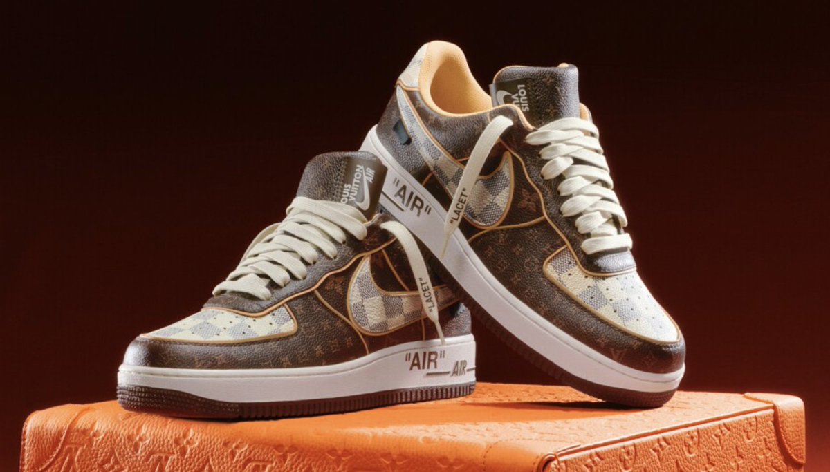 brendandunne's tweet photo. The first Louis Vuitton x Nike Air Force 1 auction at Sotheby's just ended at $352,800. The pair is a size 5 and there will be only one produced. https://t.co/pe9y8KkBws