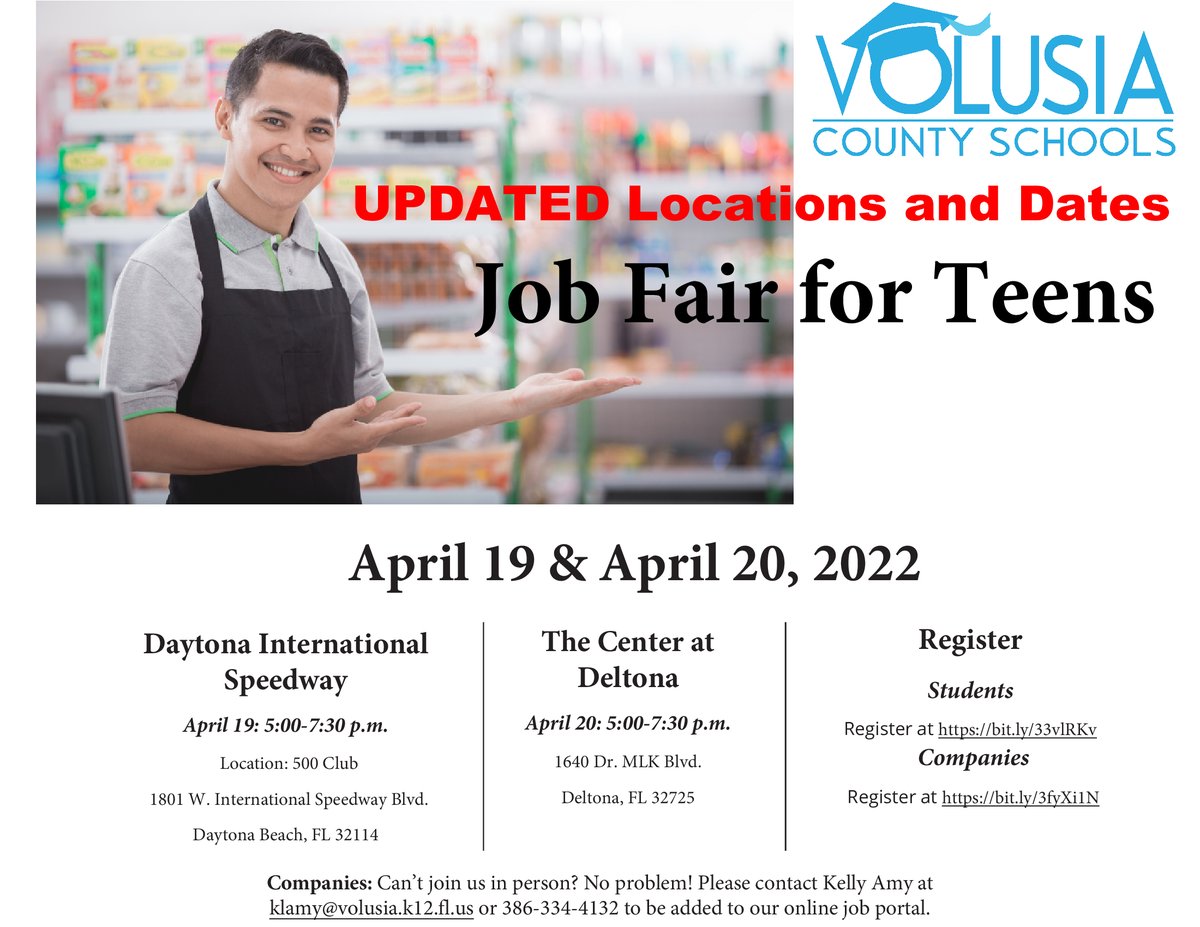 Job Fair for Teens! April 19 and 20

Students register: bit.ly/33vlRKv
Companies register: bit.ly/3fyXi1N