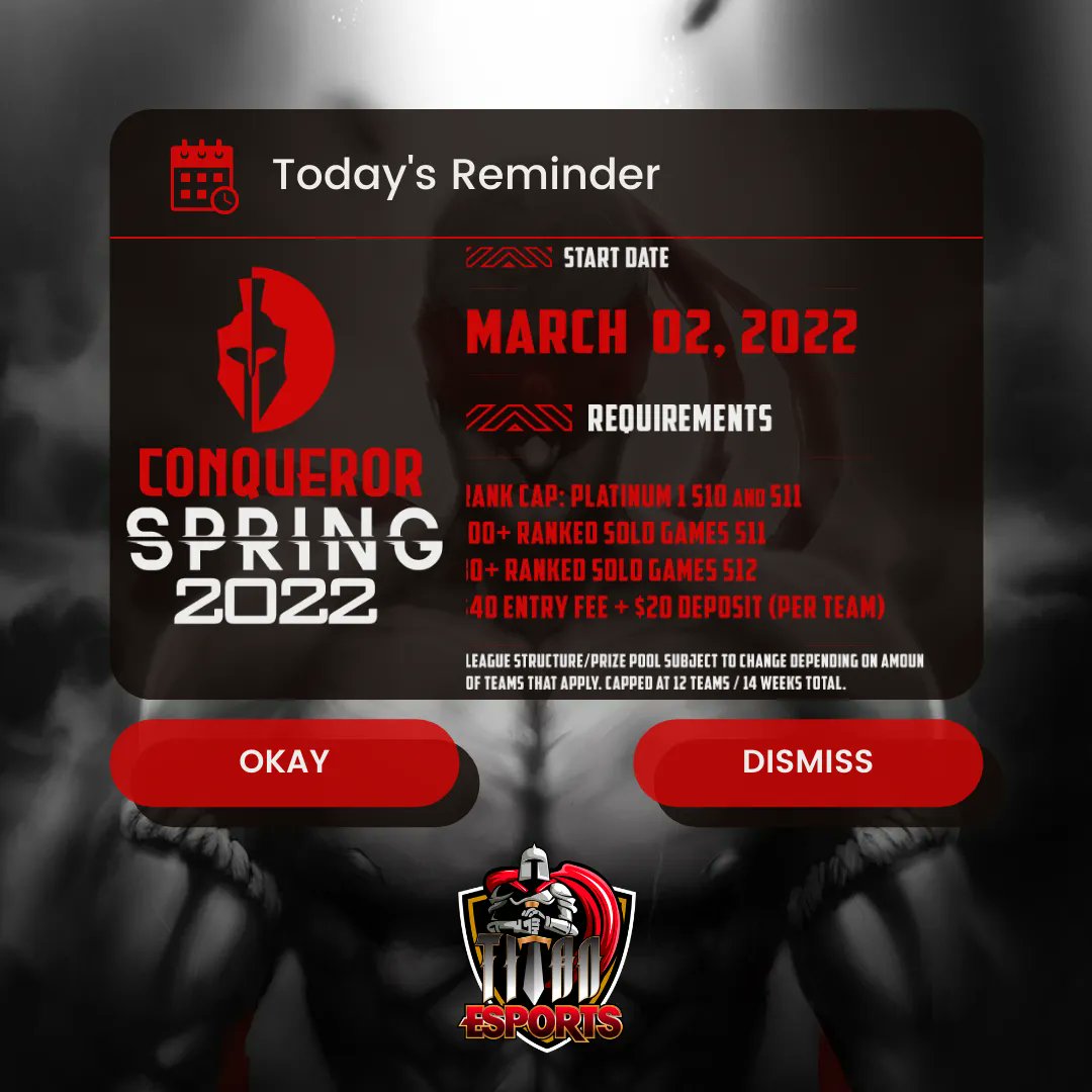 TES's Spring Conqueror League is coming soon! March 2 Join us or Watch on Twitch every Wed at 8pm ET. #leagueoflegends #TES #league #twitch