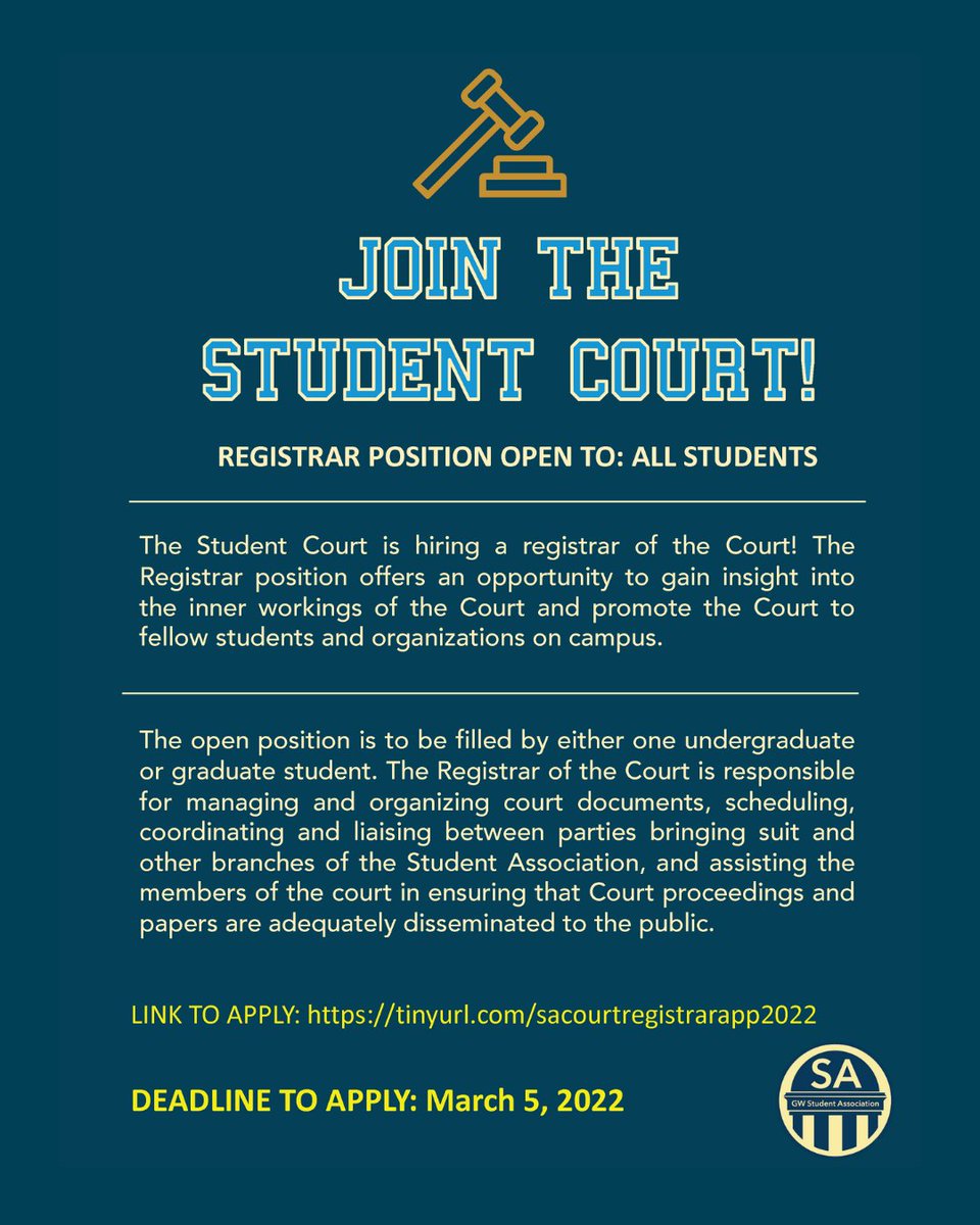 The SA student court is looking for a new court registrar! Applications are open until March 5. Link in bio to apply!