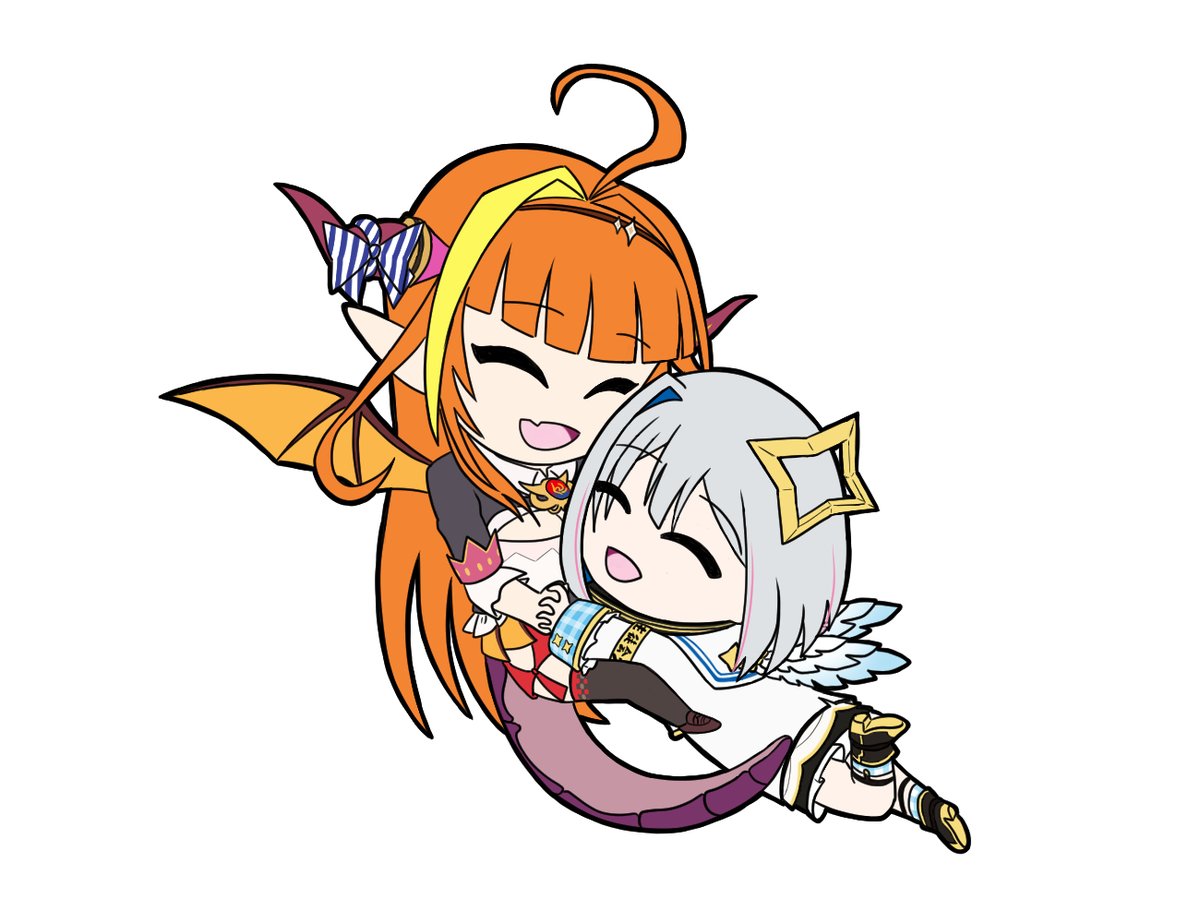 amane kanata ,kiryu coco multiple girls 2girls wings orange hair horns dragon girl chibi  illustration images