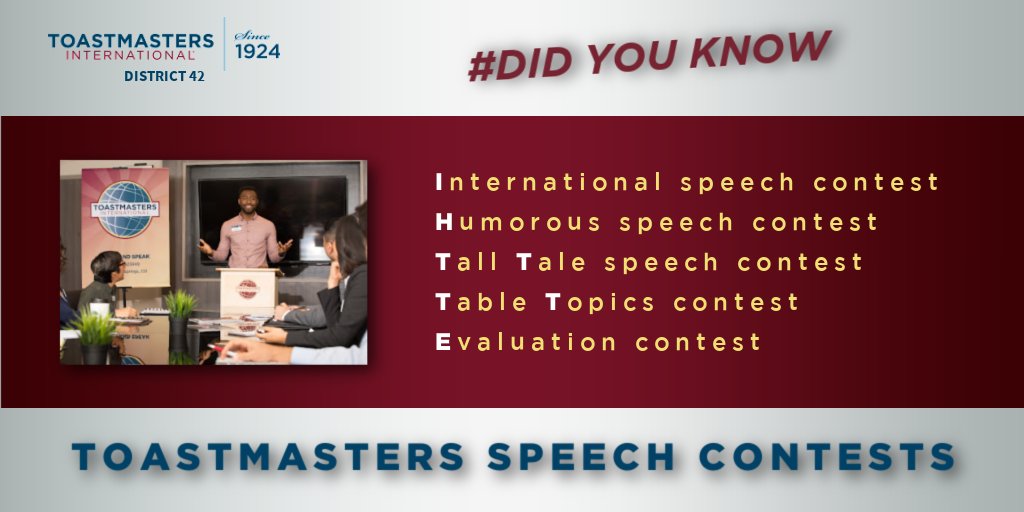 ToastmastersD42's tweet photo. #ToastmastersContest
Speech contests are a Toastmasters tradition.
Competition begins with club contests, and 🏆winners continue competing through the Area, Division and District.
We challenge each other to #mastertheskill and become better communicators.
#WhereLeadersAreMade https://t.co/jnEX304weD