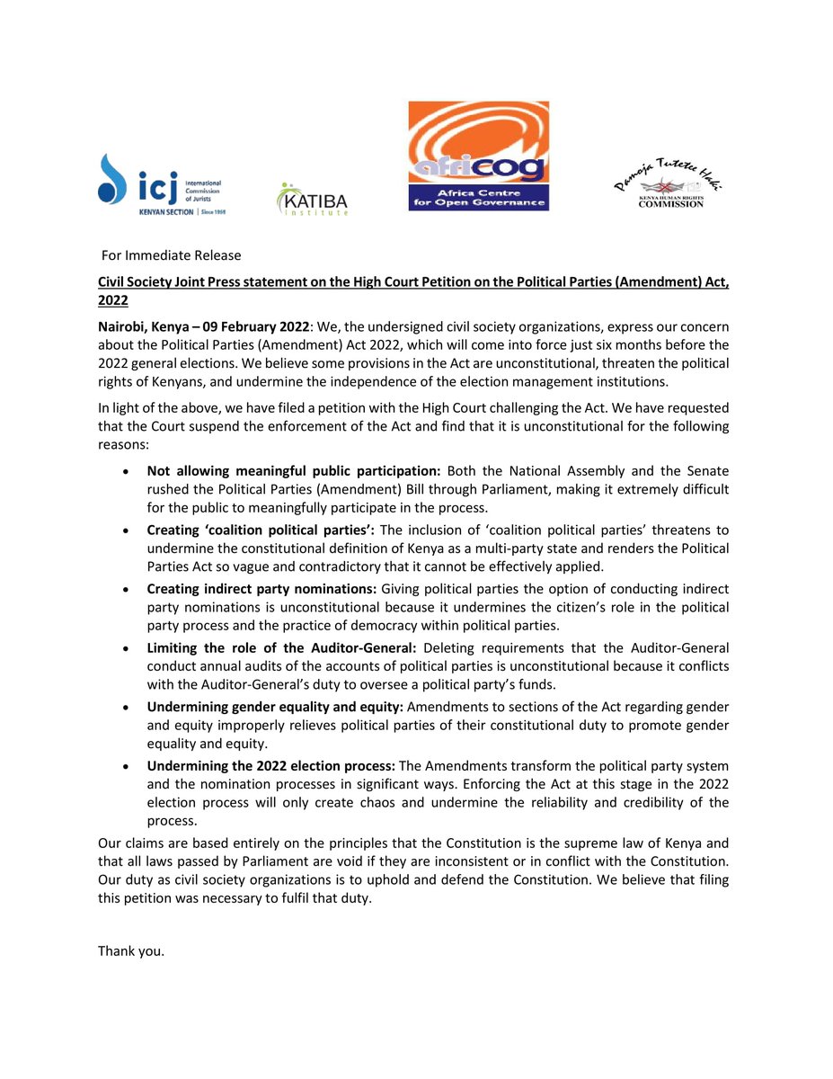 ICJKenya's tweet photo. PRESS STATEMENT: We @ICJKenya @katibainstitute @AfriCOG &amp; @thekhrc have filed a petition with the High Court challenging the Political Parties (Amendment) Act 2022. We request that the Court suspends the enforcement of the Act and find it unconstitutional #Elections2022 
Read👇: https://t.co/cppIu0Bo09