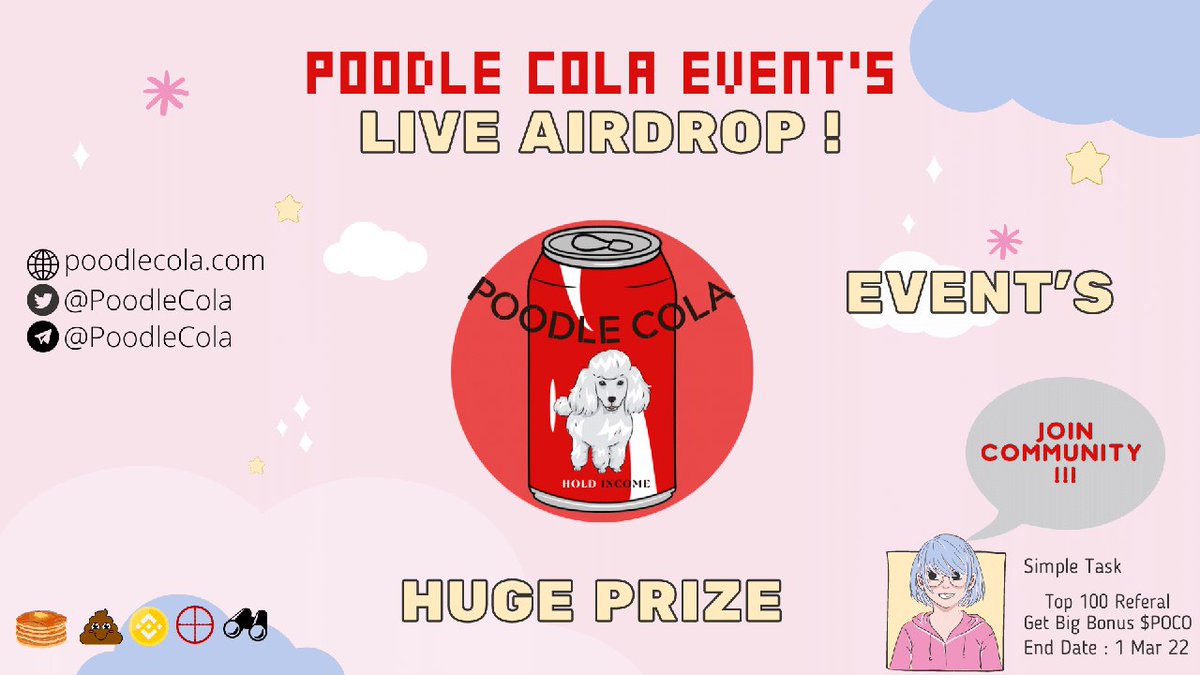 airdropblogs's tweet photo. 🔥 Poodle Cola #Airdrop (POCO)
⭐️⭐️⭐️⭐️
💰 Reward: $20 in POCO
👥 Referral: $5 in POCO
➕ Top 100 referral get big bonus
🏆 Winners: 1,000 random users

🔗 Airdrop Link: https://t.co/eKneZAONn0

• Follow @PoodleCola

🌐 About Poodle Cola: Visit – https://t.co/REayU6fUE4 https://t.co/kPEFchZ1Pm